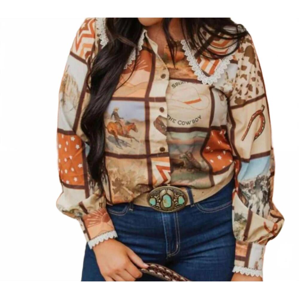 NEW TURQUOISE HAVEN tucker cowboy button-up blouse in brown multi